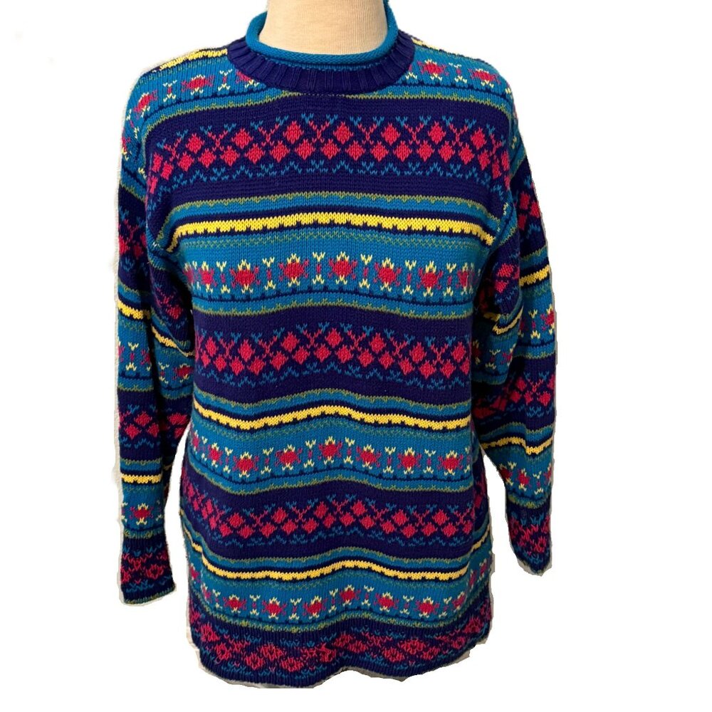 VINTAGE United Colors of Benetton Sweater Women Medium Large Aqua Bright Colors